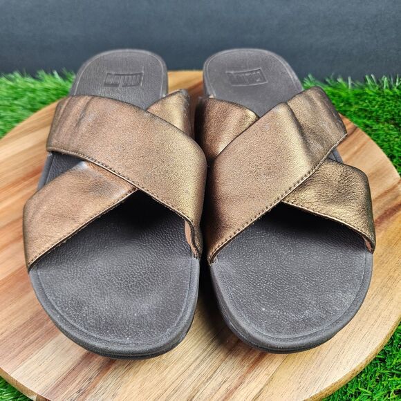 FitFlop Lulu Sandals Women's 9 Bronze Leather Comfort Cross Strap Slide Wedge - Picture 7 of 14